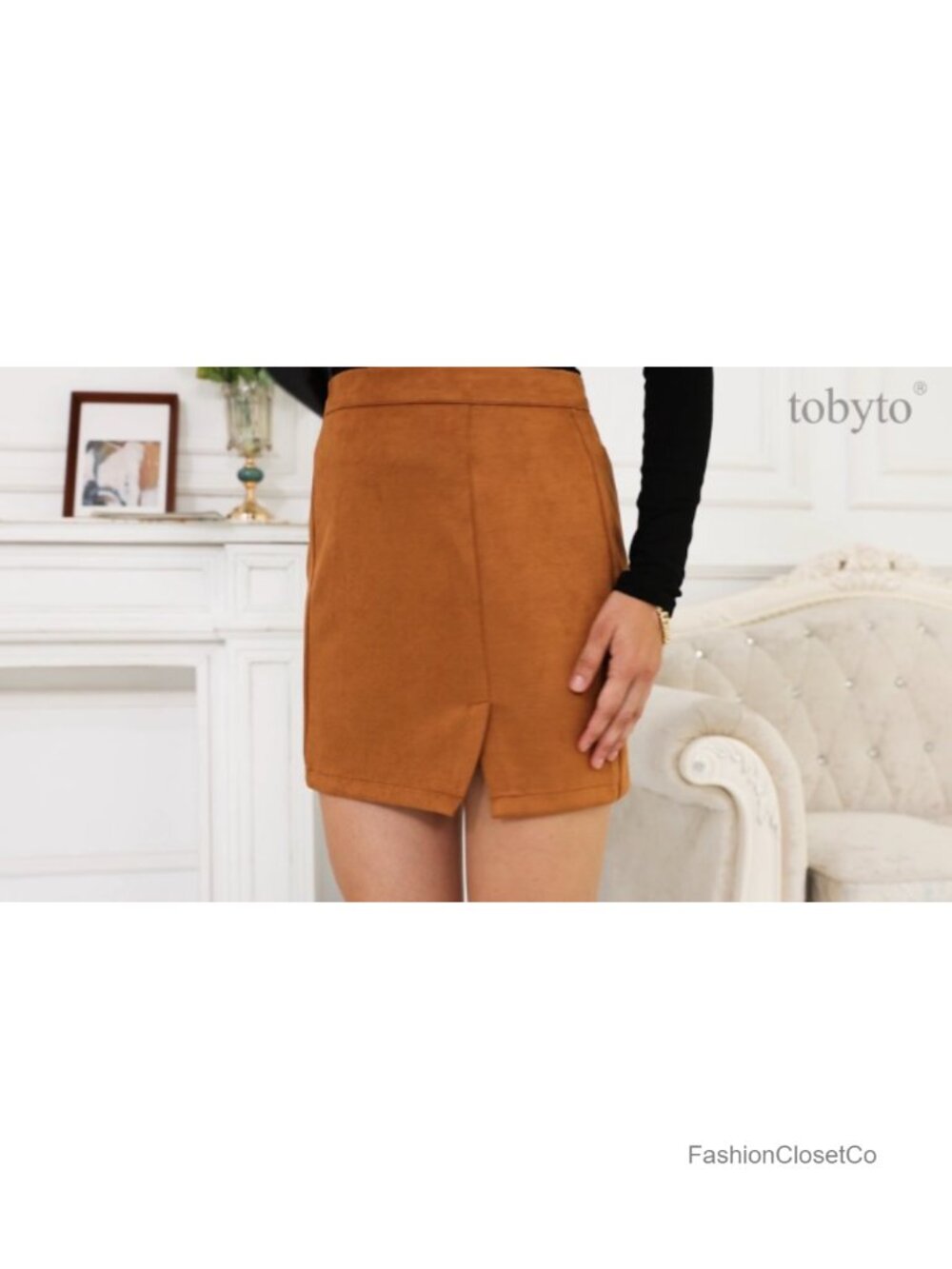 Women's High Waist Bodycon Pencil Mini Skirt Faux Suede Stretch Side Slit - Picture 6 of 6